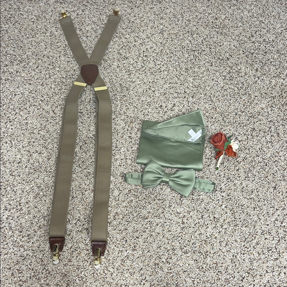 Azazie men’s pocket square and bow tie Set with suspenders